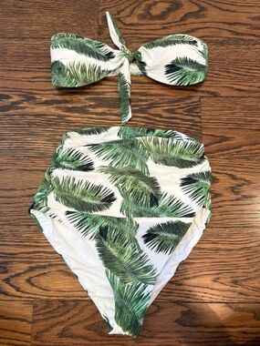 High Waisted Palm Leaf Bandeau Bikini